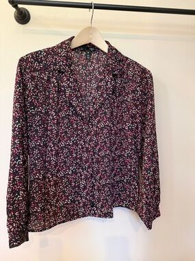 Aqua Black Floral Ditsy Button-Down Blouse